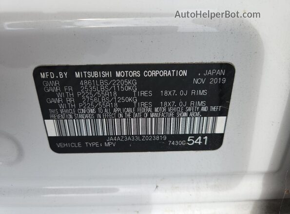 JA4AZ3A33LZ023819 2020 MITSUBISHI OUTLANDER White VIN კოდის სტიკერის ხედი