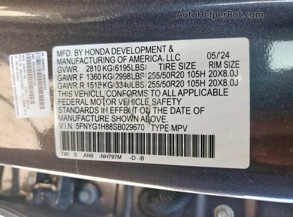 5FNYG1H88SB029670 2025 HONDA PILOT Gray 