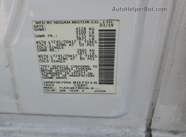 1N6BF0KY9KN807016 2019 NISSAN NV White VIN კოდის სტიკერის ხედი