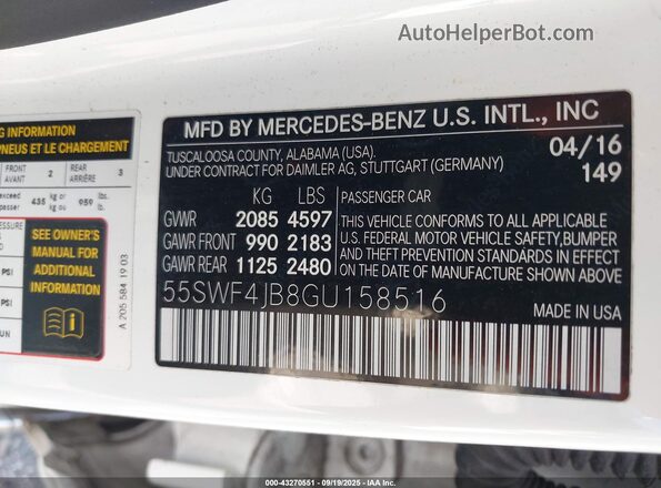 55SWF4JB8GU158516 2016 MERCEDES-BENZ C-CLASS White ძრავის განყოფილების ხედი