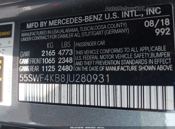 55SWF4KB8JU280931 2018 MERCEDES-BENZ C-CLASS Silver 
