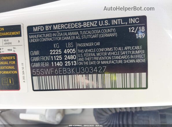 55SWF6EB3KU303427 2019 MERCEDES-BENZ AMG C 43 White Вид підкапотного простору