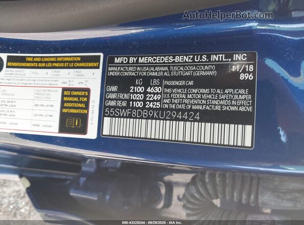 55SWF8DB9KU294424 2019 MERCEDES-BENZ C-CLASS Dark Blue Engine compartment view