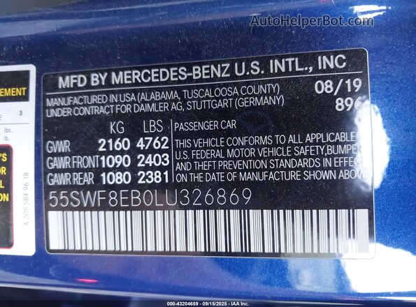 55SWF8EB0LU326869 2020 MERCEDES-BENZ C Синий Вид подкапотного пространства