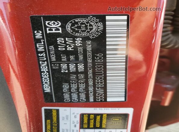 55SWF8EB5LU331856 2020 MERCEDES-BENZ C Red Widok naklejki z numerem VIN