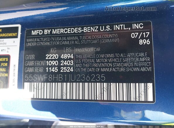 55SWF8HB1JU236235 2018 MERCEDES-BENZ AMG C 63 Blue Engine compartment view