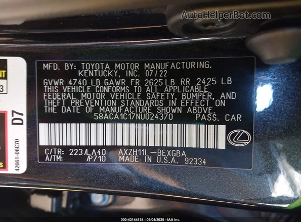 58ACA1C17NU024370 2022 LEXUS ES 300H Black Widok komory silnika