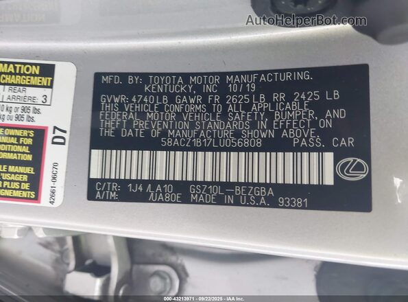58ACZ1B17LU056808 2020 LEXUS ES Gray Vista del compartimento del motor