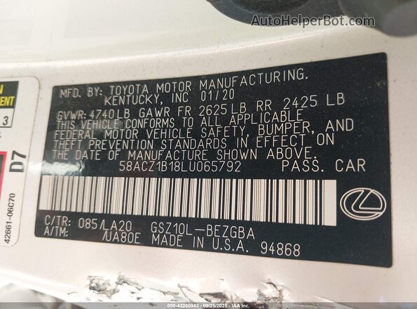 58ACZ1B18LU065792 2020 LEXUS ES 350 White Вид підкапотного простору