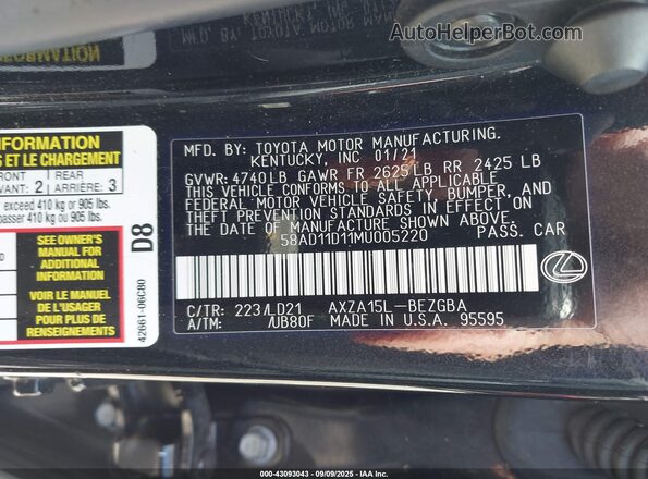 58AD11D11MU005220 2021 LEXUS ES 250 Black Շարժիչի բաժամունքի տեսք