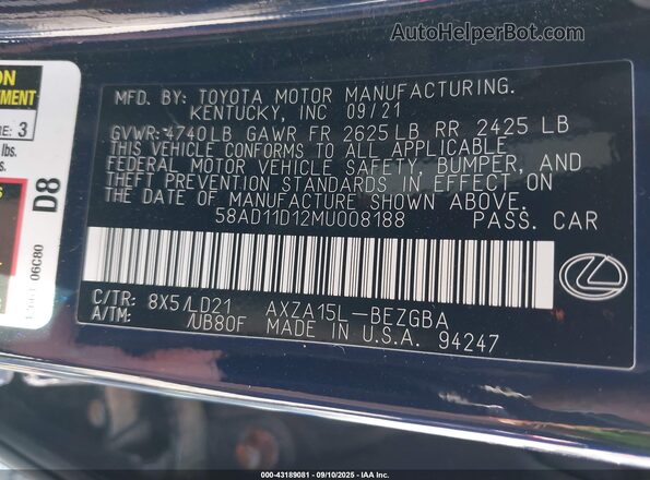 58AD11D12MU008188 2021 LEXUS ES 250 Blue Engine compartment view