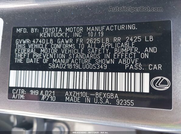 58AD21B19LU005349 2020 LEXUS ES Gray Widok komory silnika
