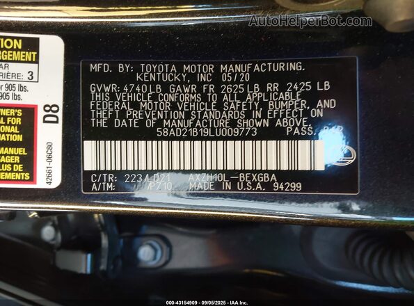 58AD21B19LU009773 2020 LEXUS ES Black Вид підкапотного простору