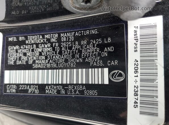 58AD21B19LU011782 2020 LEXUS ES Black ძრავის განყოფილების ხედი