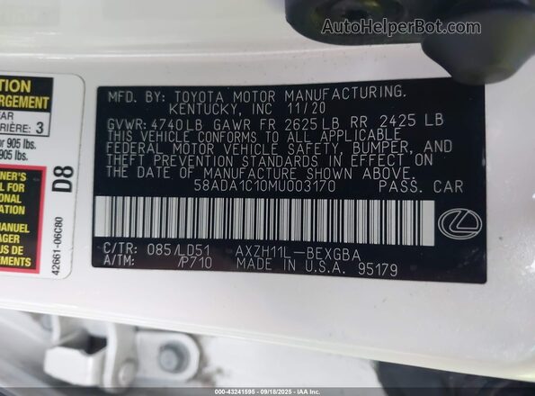 58ADA1C10MU003170 2021 LEXUS ES 300H White Vista del compartimento del motor