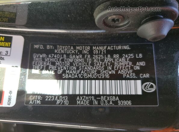 58ADA1C15MU012916 2021 LEXUS ES Black ძრავის განყოფილების ხედი
