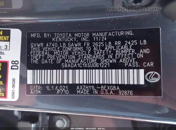 58ADA1C1XSU061221 2025 LEXUS ES Gray 