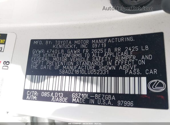 58ADZ1B10LU052331 2020 LEXUS ES White Widok komory silnika