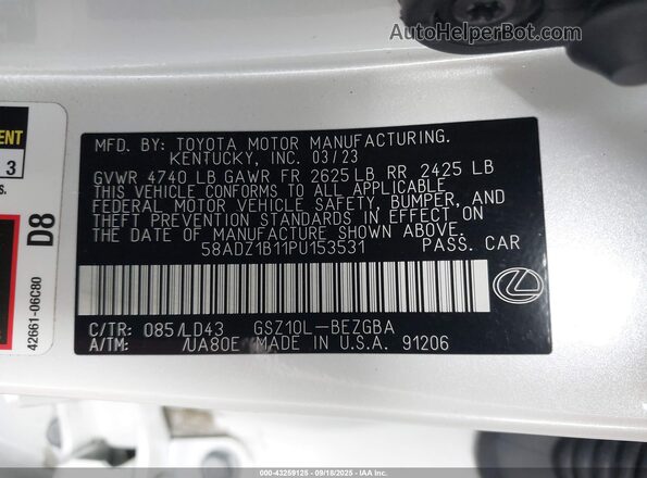 58ADZ1B11PU153531 2023 LEXUS ES 350 White Вид підкапотного простору