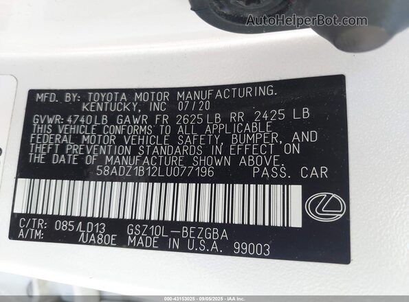 58ADZ1B12LU077196 2020 LEXUS ES White Widok komory silnika