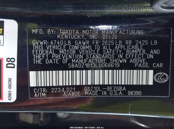 58ADZ1B13LU068619 2020 LEXUS ES 350 Black Вид підкапотного простору