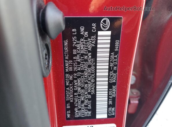 58ADZ1B13LU081211 2020 LEXUS ES Red Engine compartment view