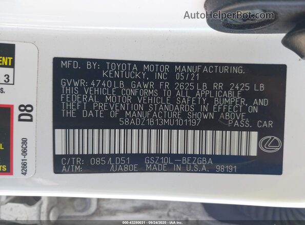 58ADZ1B13MU101197 2021 LEXUS ES 350 White Vista del compartimento del motor