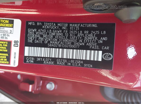 58ADZ1B13SU199077 2025 LEXUS ES 350 Red ძრავის განყოფილების ხედი