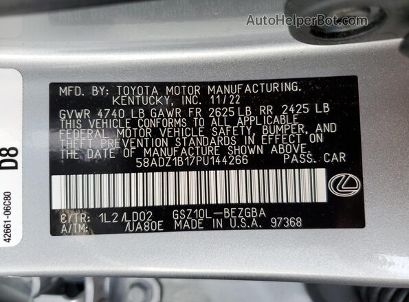 58ADZ1B17PU144266 2023 LEXUS ES Серебряный 