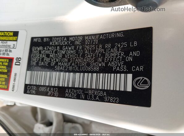 58AE21B13LU008588 2020 LEXUS ES 300H White Շարժիչի բաժամունքի տեսք
