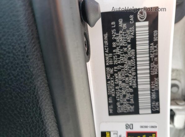 58AEZ1B11LU054089 2020 LEXUS ES White Widok naklejki z numerem VIN