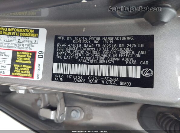 58AGZ1B11LU054571 2020 LEXUS ES 350 Silver Widok komory silnika