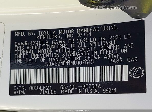 58AGZ1B11MU107643 2021 LEXUS ES 350 White Vista del compartimento del motor