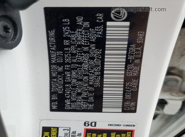 58AGZ1B15LU072782 2020 LEXUS ES White VIN კოდის სტიკერის ხედი