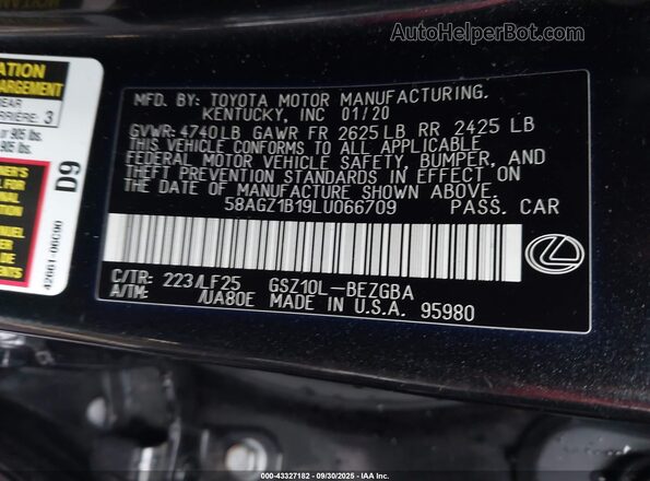 58AGZ1B19LU066709 2020 LEXUS ES 350 Black Շարժիչի բաժամունքի տեսք