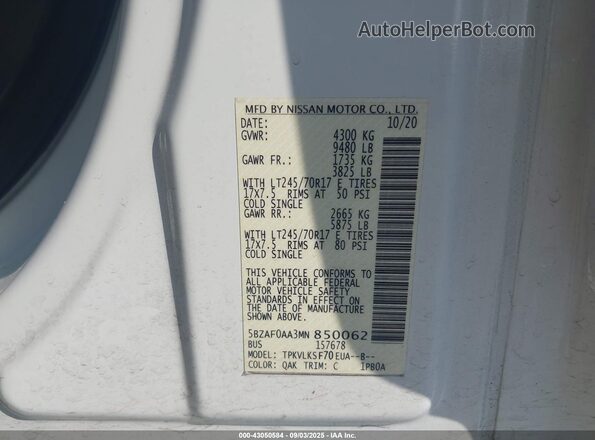 5BZAF0AA3MN850062 2021 NISSAN NV PASSENGER NV3500 HD White Widok komory silnika