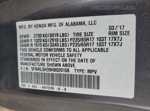 5FNRL5H39HB020108 2017 HONDA ODYSSEY Gray 