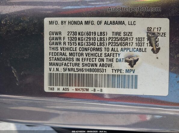 5FNRL5H61HB008531 2017 HONDA ODYSSEY Gray 