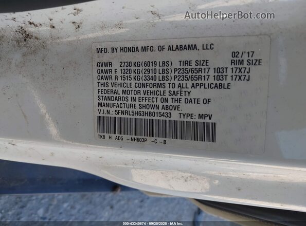 5FNRL5H63HB015433 2017 HONDA ODYSSEY White Вид підкапотного простору