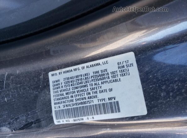 5FNRL5H95HB007571 2017 HONDA ODYSSEY Серый 