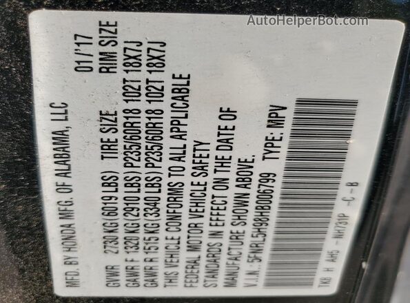 5FNRL5H98HB006799 2017 HONDA ODYSSEY Черный 