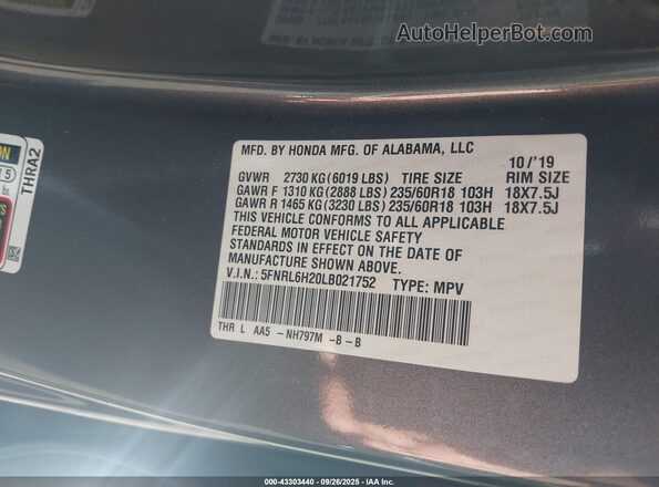 5FNRL6H20LB021752 2020 HONDA ODYSSEY Gray Vista del compartimento del motor