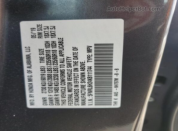 5FNRL6H24KB111744 2019 HONDA ODYSSEY Gray Vista interior de 360 grados