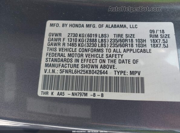 5FNRL6H25KB042644 2019 HONDA ODYSSEY Gray ძრავის განყოფილების ხედი