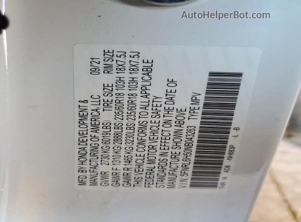 5FNRL6H50NB043263 2022 HONDA ODYSSEY White 