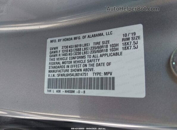 5FNRL6H54LB014751 2020 HONDA ODYSSEY Silver Vista del compartimento del motor