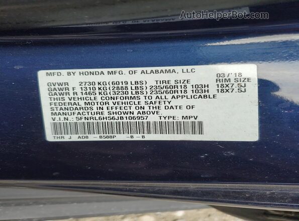 5FNRL6H56JB106957 2018 HONDA ODYSSEY Blue 