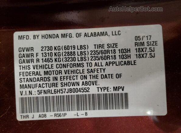 5FNRL6H57JB004552 2018 HONDA ODYSSEY Maroon 