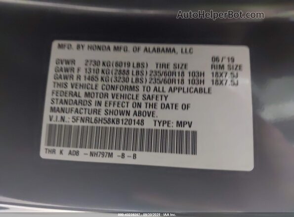 5FNRL6H58KB120148 2019 HONDA ODYSSEY Gray Widok komory silnika