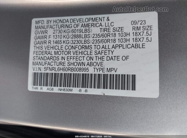 5FNRL6H60RB008995 2024 HONDA ODYSSEY Silver Շարժիչի բաժամունքի տեսք
